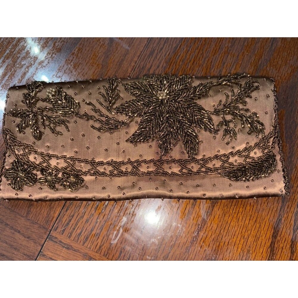 Vintage 1950s Miles Satin Hand Beaded Clutch Evening Purse Floral  Brown